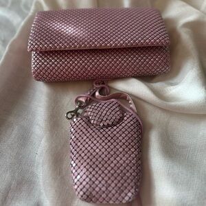 Original evening event vtg pink handbag & its accessory made of metallic tissu